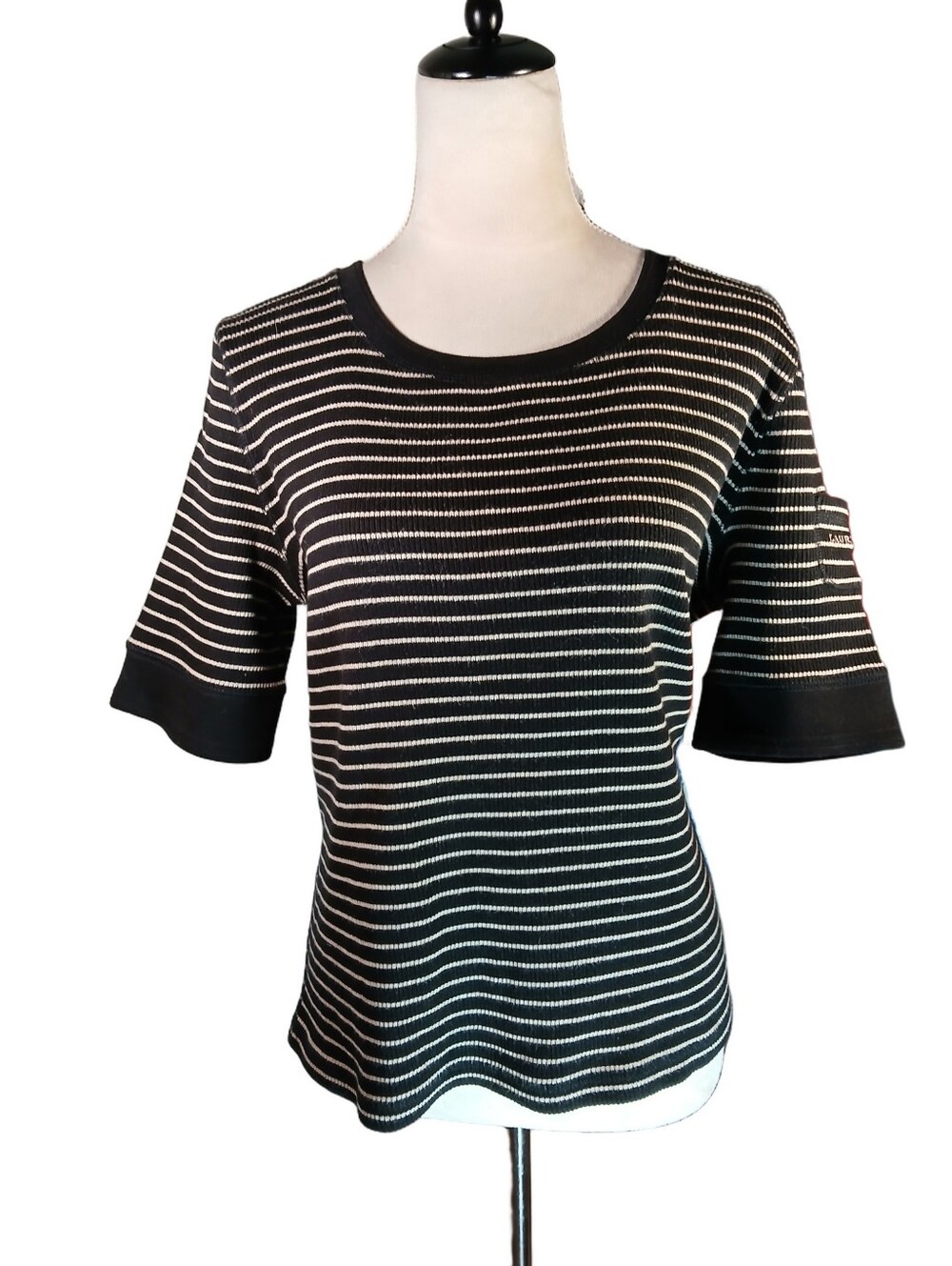 Classic Lauren Ralph Lauren Black and Cream Striped Cotton Sweater - XL